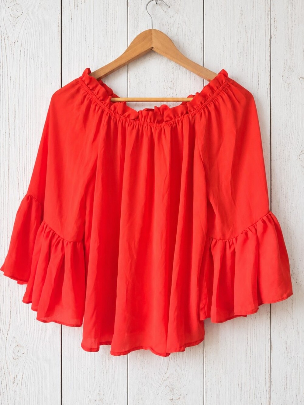 New York & Company Orange Off-Shoulder Bell Sleeve Blouse Size S